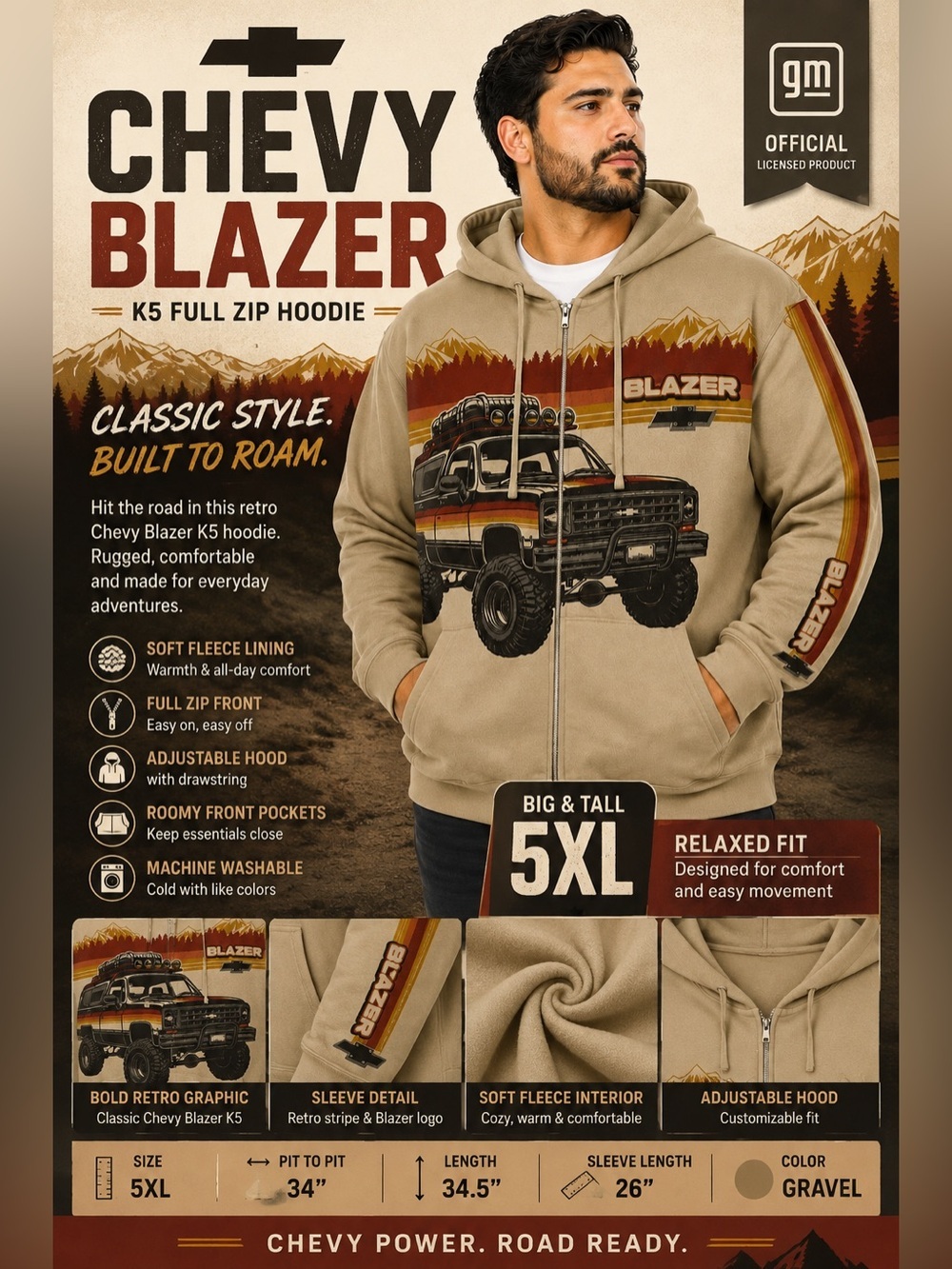 Chevy Blazer K5 Men's 5XL Full Zip Fleece Graphic Hoodie Chevrolet GM Gravel NWT - Picture 14 of 16